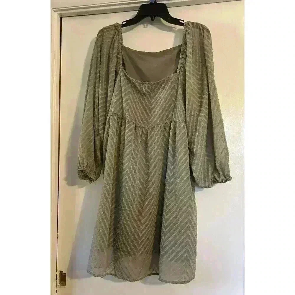 Womens' Olive Green Peasant Long Sleeve Mini Dress Large L Lined